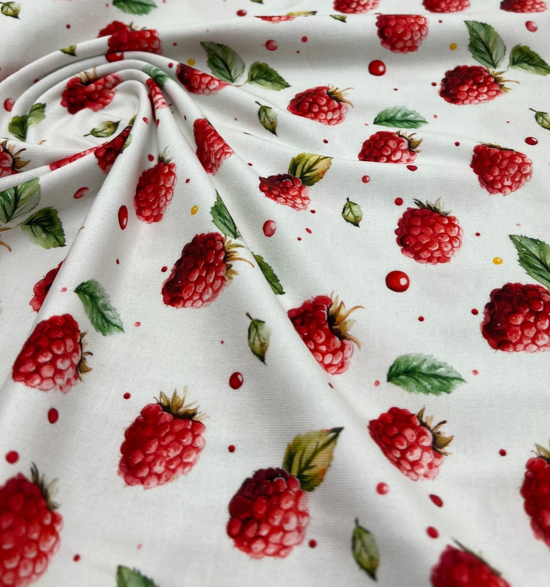 Raspberries Print Cotton Stretch Jersey 200 GSM 95/5 Lycra 4 Way Stretch - T9 Fabrics